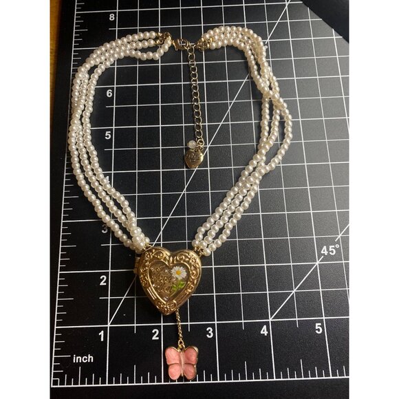 Betsey Johnson Locket 3 Strand Faux Pearl Necklace Heart Butterfly Gold Tone - Picture 10 of 10